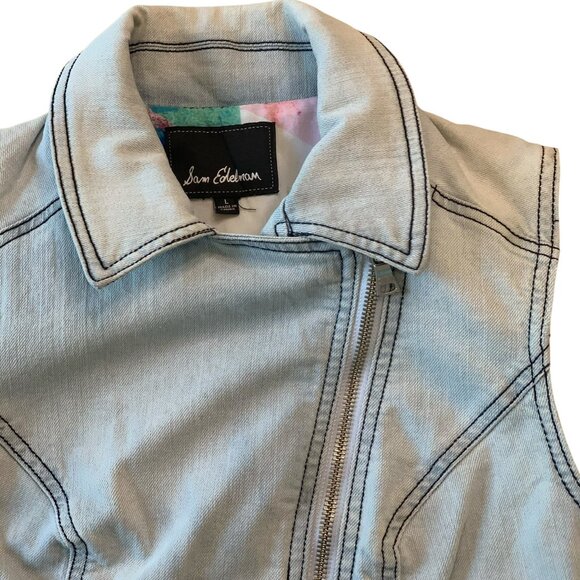 Sam Edelman Denim Cropped Moto Vest Blue Women's Sleeveless Jean Jacket- L-- NWT - Picture 9 of 12